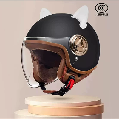 Retro Helmet, Safety Helmet, Half Helmet, Motosiklet kaskı (dəbilqə) - 801-new-national-standard-class-a-3c-certification-matte-black-long-mirror-white-rabbit-ears-free-size
