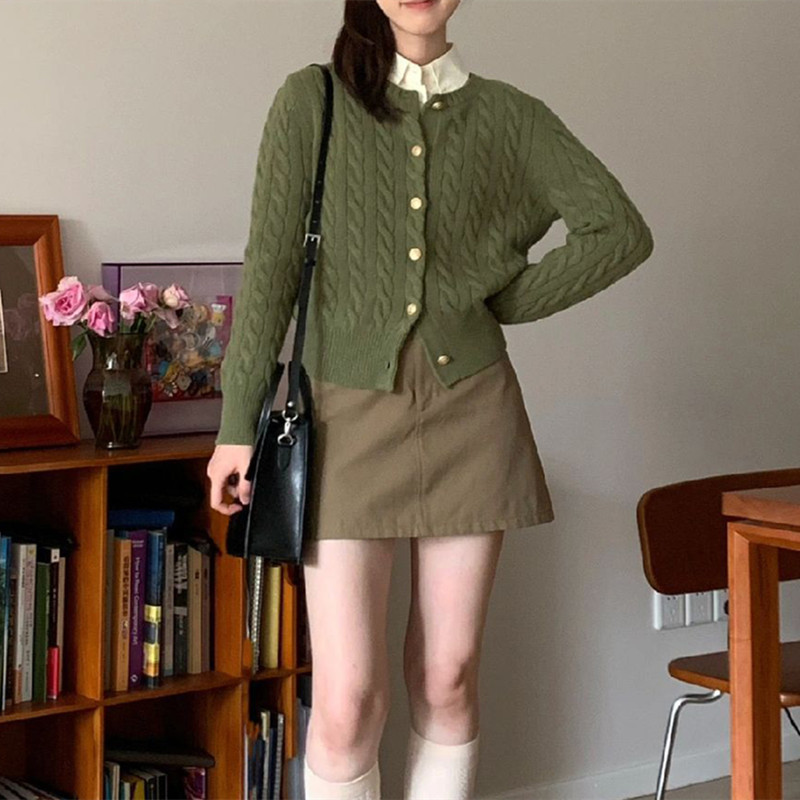 早秋2025新款内搭学生短款穿搭上衣灰色麻花针织毛衣开衫外套女|undefined