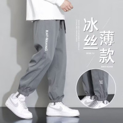 休闲裤男夏季冰丝潮牌直筒宽松阔腿痞帅跨境外贸九分休闲裤运动裤