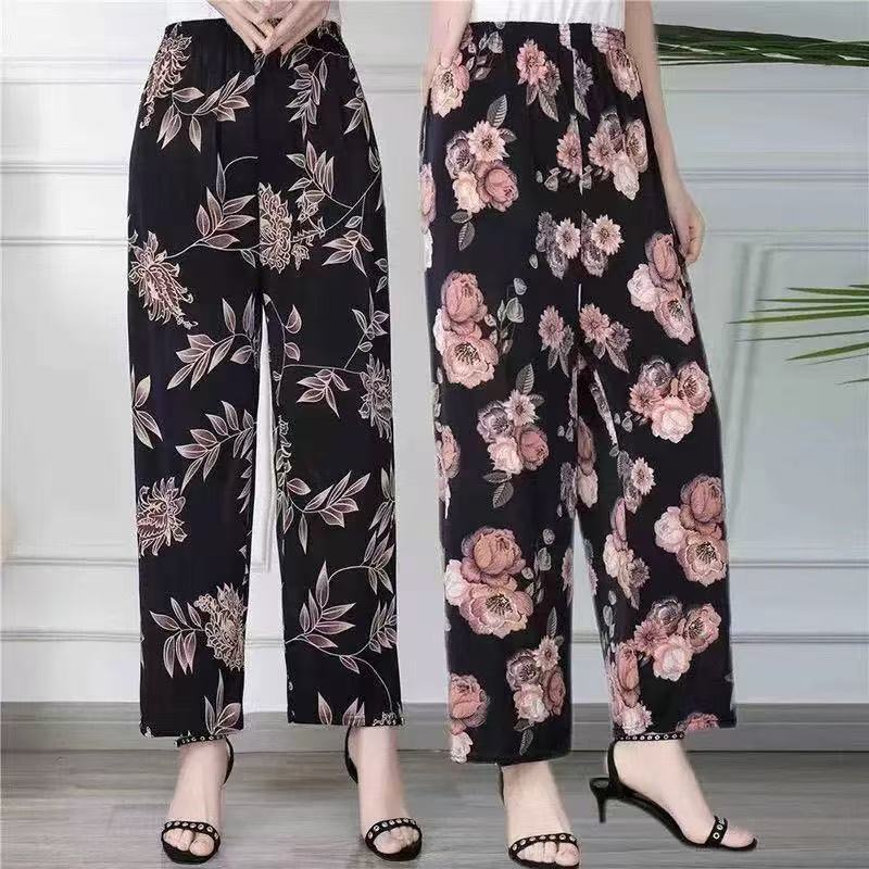 New Style Mom's Ice Silk Pants Factory Wholesale Middle-Aged and Elderly Nine-Point Ice Silk Pants Casual Thin Loose Straight Pants