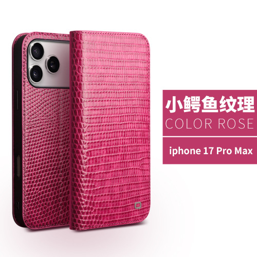 Ốp lưng da thật Qiali cho iPhone 17 Pro Max dạng flip chống rơi, bảo vệ thẻ — iPhone17 cá sấu không khí hoa hồng đỏ