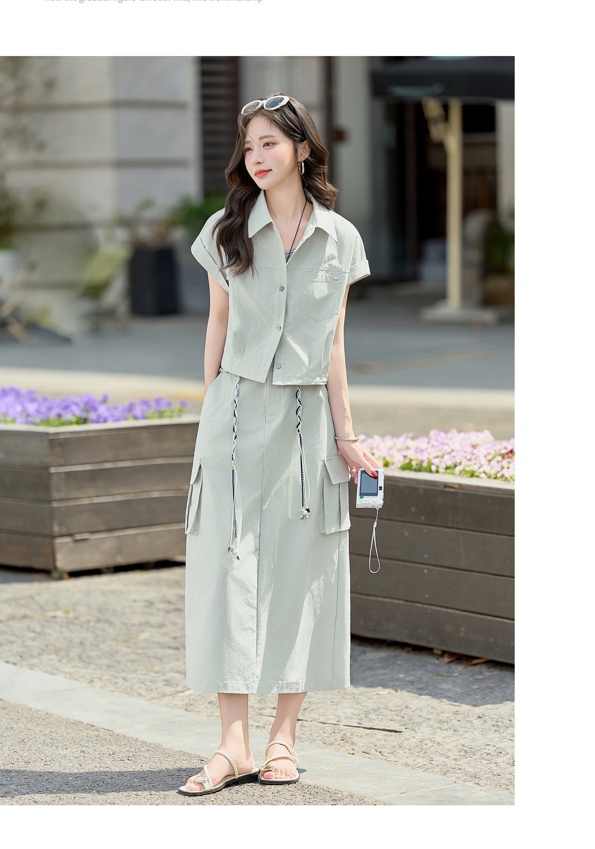 Bộ ba món sơ mi + áo lót + chân váy nữ MJ2618 — màu xanh nhạt, màu xám nhạt chi tiết 19