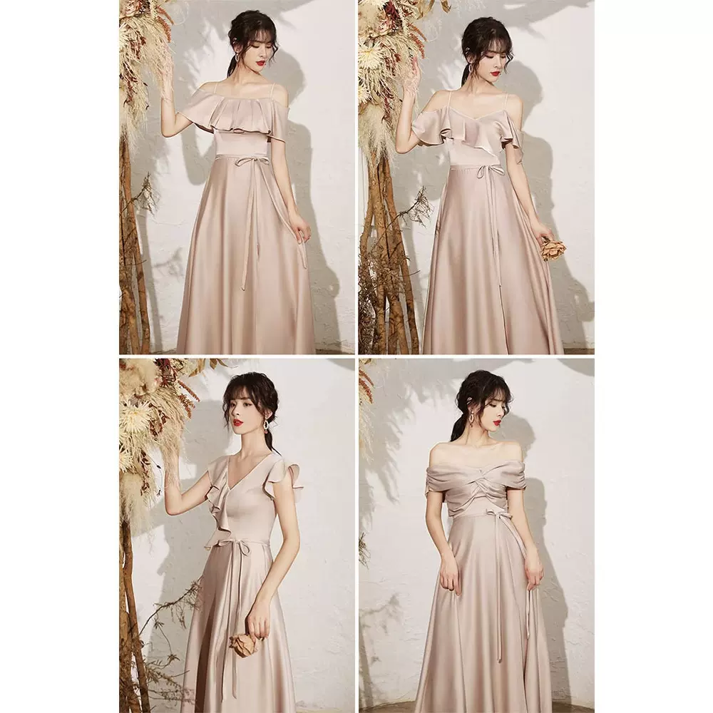 婚礼伴娘服简约大气2025新款高级缎面夏季香槟色吊带礼服女连衣裙