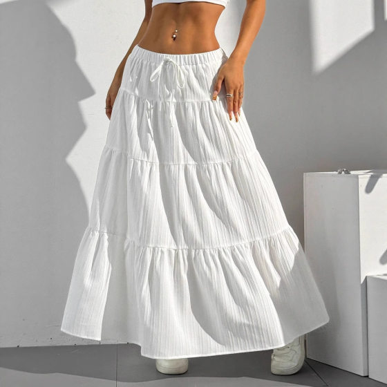 Cross-Border Amazon Women's Clothing 2025 New White Skirt Lace-Up Large Hem Skirt European and American Loose Long Skirt Feminine