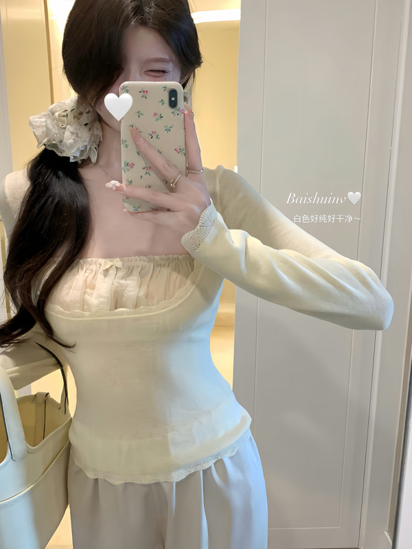 白水女 温柔氛围感 褶皱纱打底花边圆领毛针织衫女秋季抹胸内搭|undefined