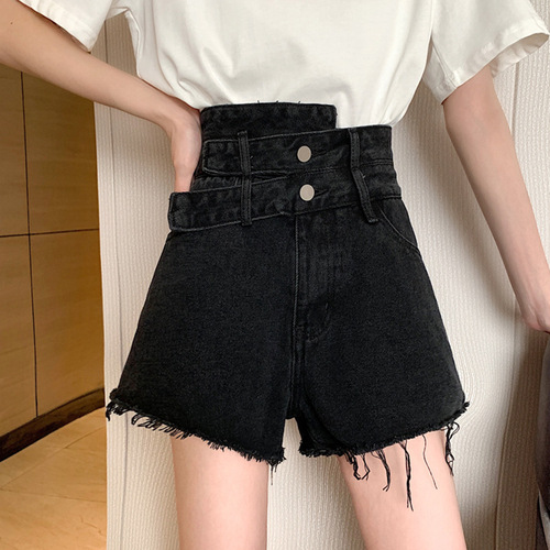 Large size women's dress, hot girl, black high-waist denim shorts, summer fat sister, loose and slimming A-line wide-leg pants, trendy