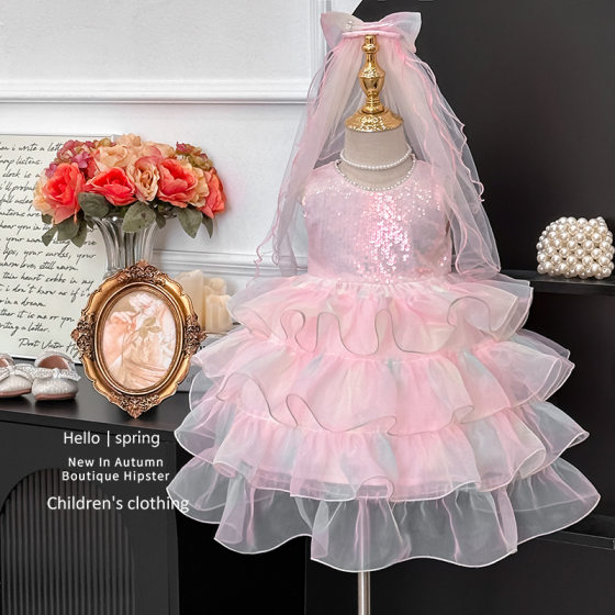 Girls' dress 2025 Summer New Super Fairy Princess Dress Sequin Sleeveless Dress Lolita Tutu Dress Soft Yarn