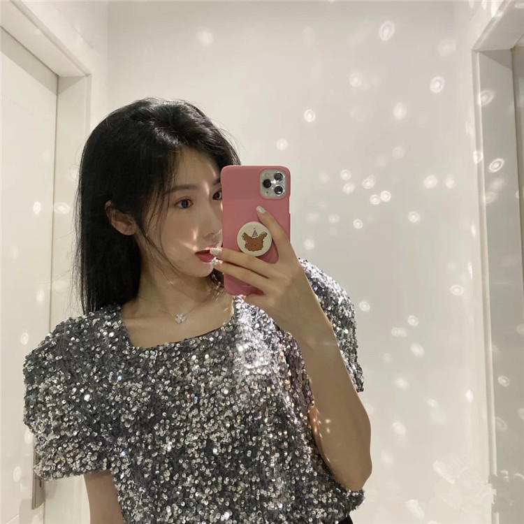 In-Stock Supply 2026 Sexy New Style Sequined Sparkling Square-Neck Puff Sleeve Top Short Trendy Short-Sleeve T-Shirt for Women