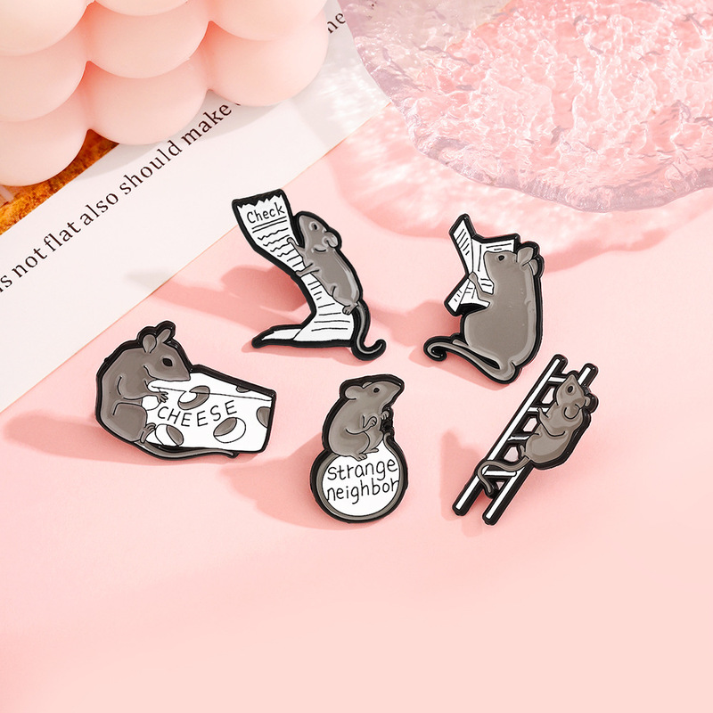 Little Mouse Climbs Stairs and Reads Newspapers. Cute Mouse Chews Sandwiches. Cartoon Mouse Animal Brooch Jewelry