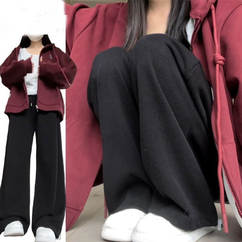 Black Spring Autumn Summer Students American Style Leg Sports Pants Women's Straight High Waist Slimming Casual Narrow Wide Leg Pants
