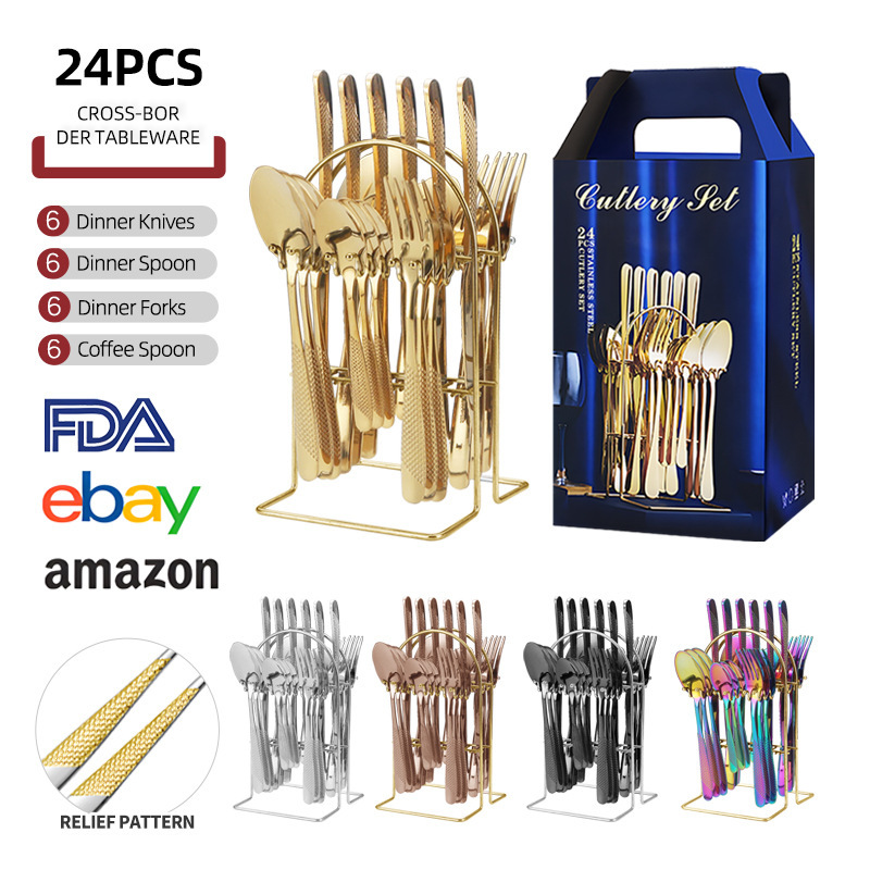 Cross-Border Stainless Steel Star Diamond Western Tableware Four Main Pieces Hotel Steak Knife, Fork and Spoon 24-Piece Set Hanger Gift Box Set