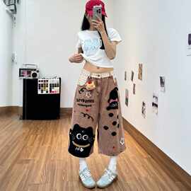 卡通猫咪毛巾刺绣牛仔七分裤裤子女款2026夏季新款宽松阔腿短裤潮