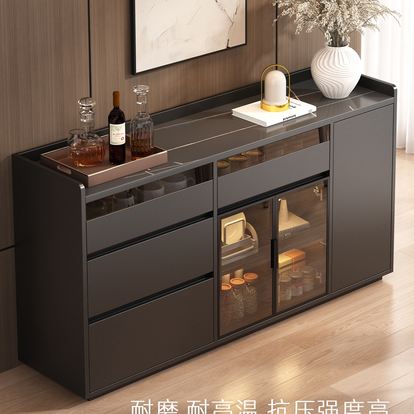 Light Luxury Slate Sideboard Solid Wood Wall-Mounted Multi-Functional Living Room Tea Cabinet Storage Cabinet Home Kitchen Storage Cabinet