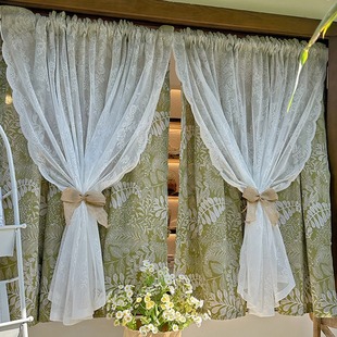 French Lace Double-Layer Curtain with Tulle, Half Curtain for Kitchen, Fresh Green Style for Bedroom, Pastoral Style