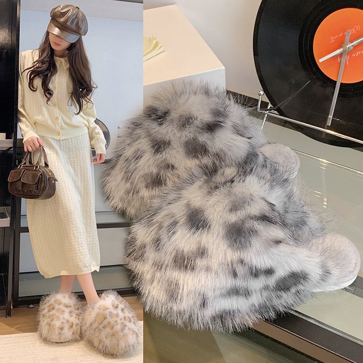 Cross-Border Amazon Large Size Autumn and Winter New Imitation Fox Fur Leopard Print Slippers for Women Warm Fluffy Plush Cotton Slippers