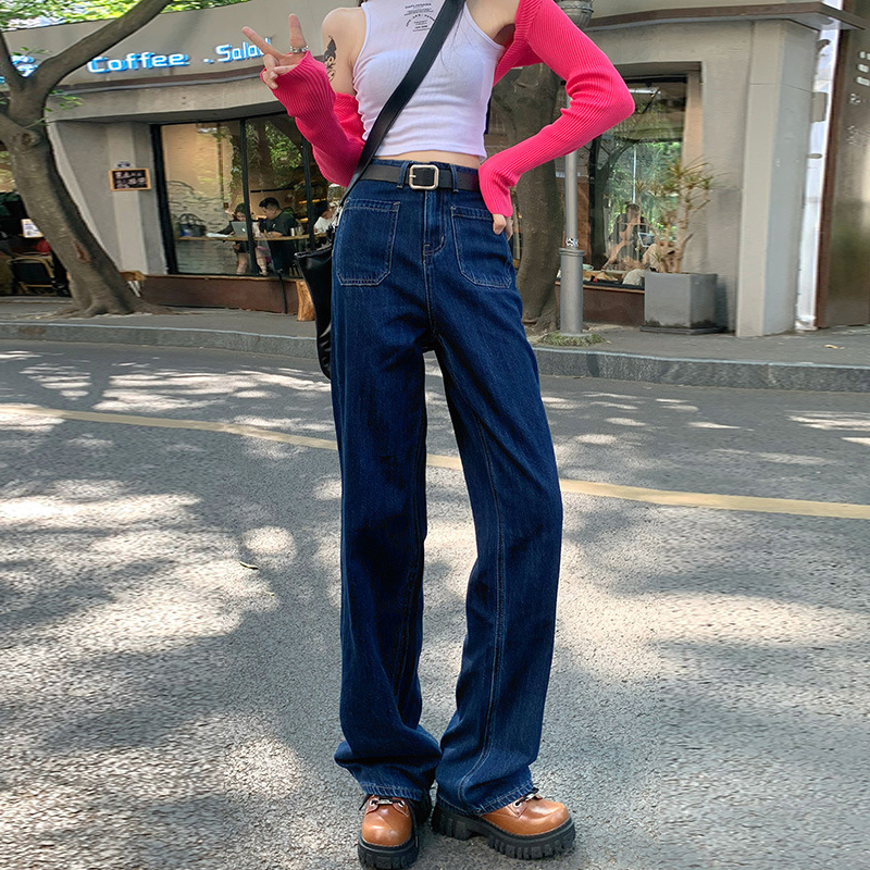 2022秋季新款深蓝牛仔裤女宽松透气显瘦高腰直筒阔腿休闲拖地裤子