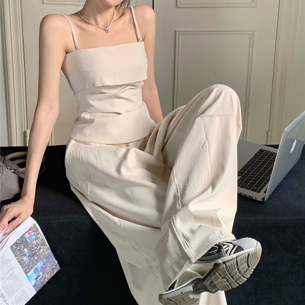 时尚套装外穿抹胸吊带背心上衣女夏季高腰显瘦阔腿裤长裤子两件套