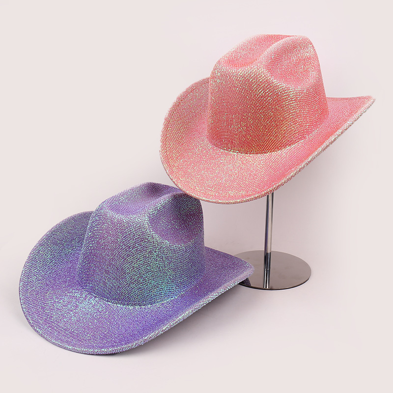 Vento vaquero occidental primavera y verano nicho personalidad de seda brillante sombrero vaquero de poliéster fiesta al aire libre escenario cos jazz