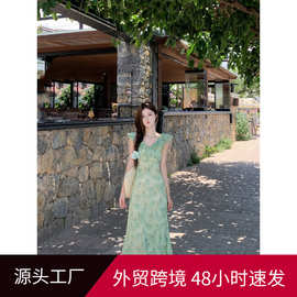 法式绿色小飞袖碎花连衣裙子女新款夏季海边度假独特漂亮绝美长裙