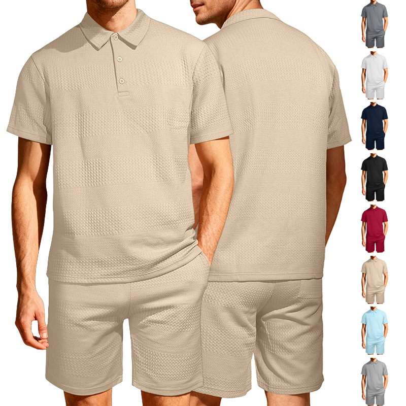 Europa y los Estados Unidos transfronterizos hombres de verano waffle botones sólidos con solapa manga corta dos piezas conjunto de pantalones cortos de manga corta sueltos