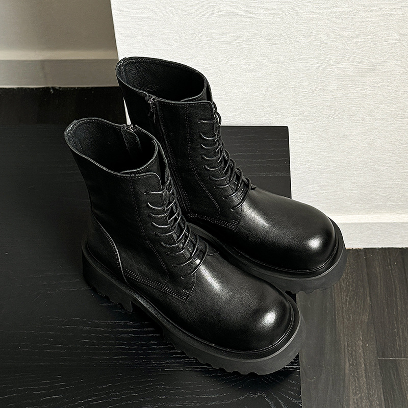 中筒マーティンブーツ男性用冬の英倫の頭の厚い底の工装ブーツの頭の階の牛革の機関車のブーツ