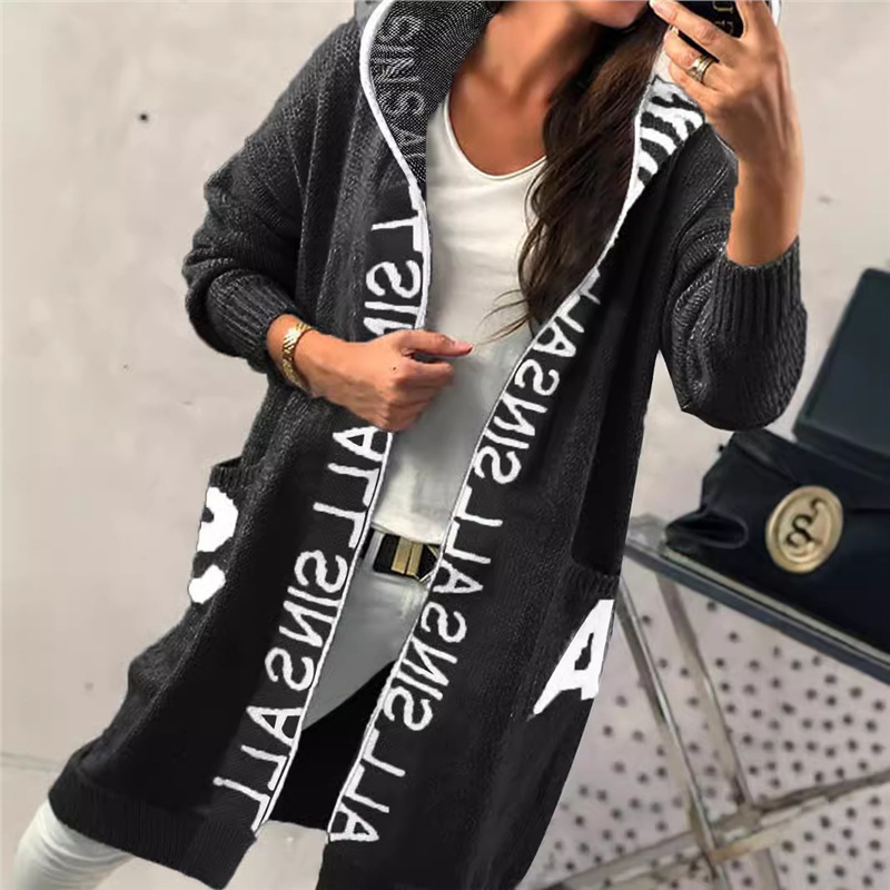 Autumn and Winter 2025 New Long Cardigan Mid-Length Hooded Letter Women's European and American Style Sweater Jacket