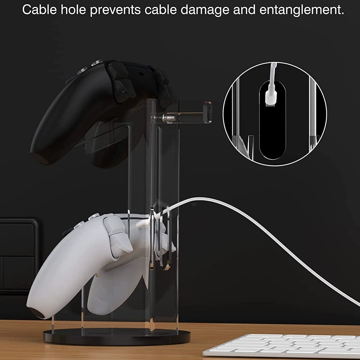 Acrylic headphone and controller stand, dual controller holders, round base (black or transparent)