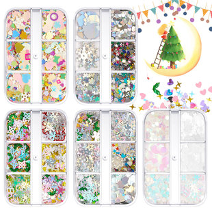 Cross-border Christmas 6-box nail ornaments sequins five-pointed stars snowflake beads makeup Nail Polish glue slime accessories