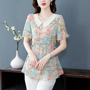 plus size Women's 2025 Summer New Short-sleeved Chiffon Shirt Doll Collar Age-reducing Slimming Printed Chiffon Shirt for Mother
