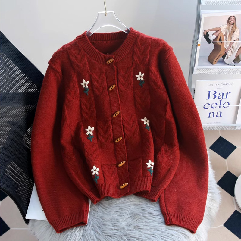 Vintage Corner Button New Year Red Sweater Cardigan Women's Autumn and Winter Thickened Loose Lazy New Year Red Knitted Jacket