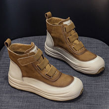 复古头层牛皮高帮板鞋女2025秋新款舒适轻便防滑软底魔术贴休闲鞋