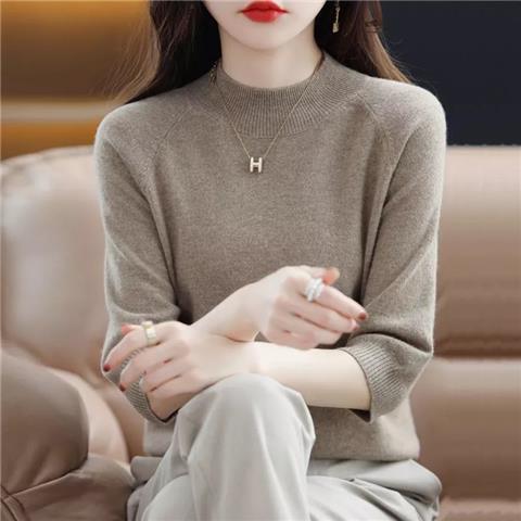 春秋毛衣女新款半高领韩版宽松套头七分袖百内搭针织打底衫女上衣|undefined