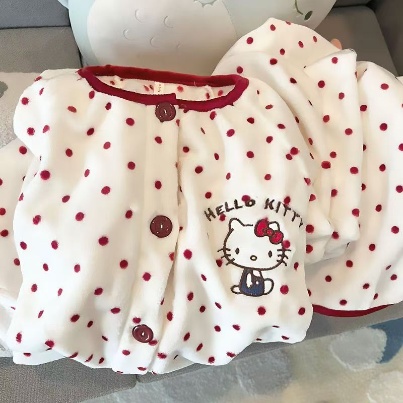 超萌圆点Kitty猫睡衣女秋冬保暖德绒圆领两件套少女可外穿家居服