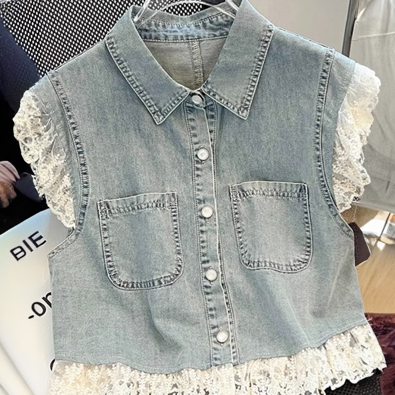 Summer New Thin Lace Splicing Light Blue Vest Sweet Loose Casual Versatile Denim Vest Jacket for Women