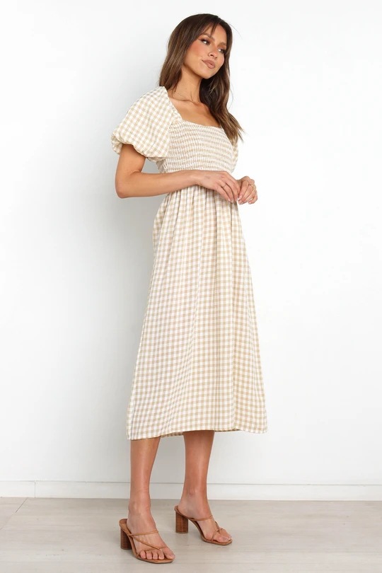 Slit Short-Sleeved Square Collar Plaid Dress NSJRM113913