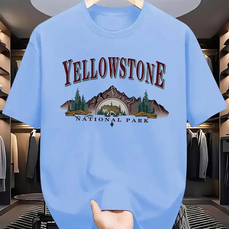 Summer New European and American Cross-border Men's Retro Yellowstone English Letter Printing Oversized T-shirt Natural Landscape Short Sleeve Summer New European and American Cross-border Men's Retro Yellowstone English Letter Printing Oversized T-shirt Natural Landscape Short Sleeve
