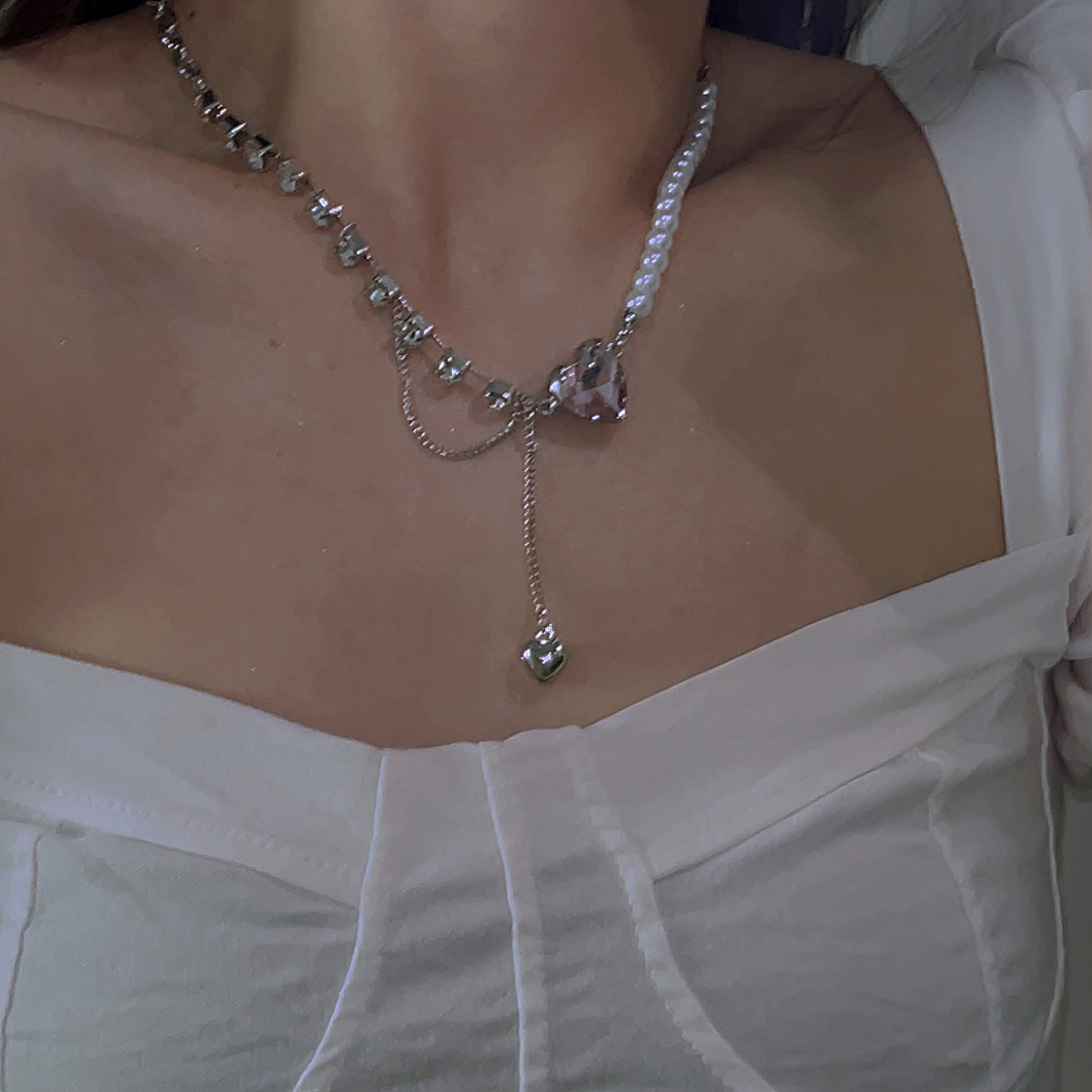 Womenu0027S Sweet Heart Imitation Pearl Rhinestone Mixed materials Necklace Tassel Rhinestone Neckla