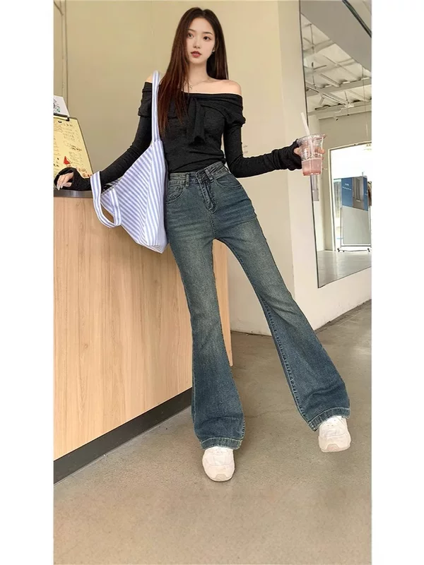 Ретро весенние джинсы, брюки, эластичный 