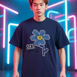 鼎点2025复古炫染宽松短袖T恤纯棉蓝色花朵图案潮流青年圆领