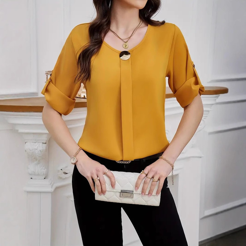 New Business All-match Work Clothes Round Neck Roll Sleeve Simple Elegant Design Fashion Casual Women's Shirt Elegant Set New Business All-match Work Clothes Round Neck Roll Sleeve Simple Elegant Design Fashion Casual Women's Shirt Elegant Set