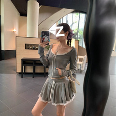 蕾丝拼接灰色短款T恤连帽卫衣辣妹套装女秋季a字半身裙休闲两件套
