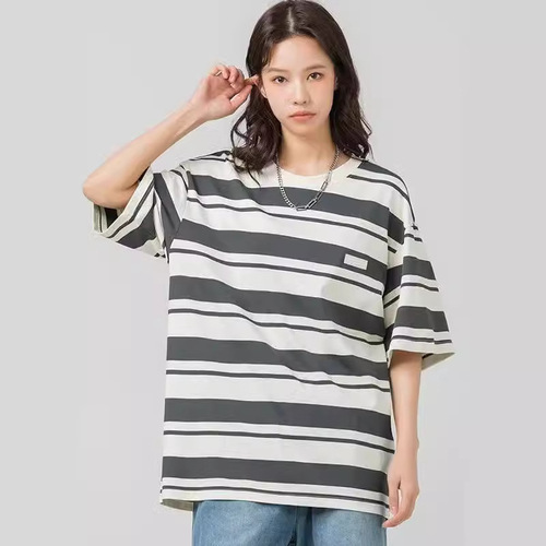 Summer Petite Vintage Crew Neck Five-Button Short-Sleeve T-Shirt for Women with Hong Kong Style Loose Casual Striped Top