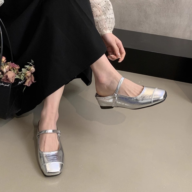 インナー高さ増加厚底シルバーシューズつま先ハーフスリッパ女性の夏のフレンチサンダルフェアリースタイルメリージェーンシューズ|undefined