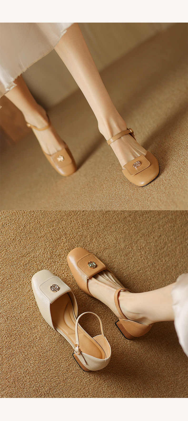 Sandal nữ quai ngang mũi bao da cừu cao cấp, gót vuông ổn định — Màu trắng be chi tiết 8
