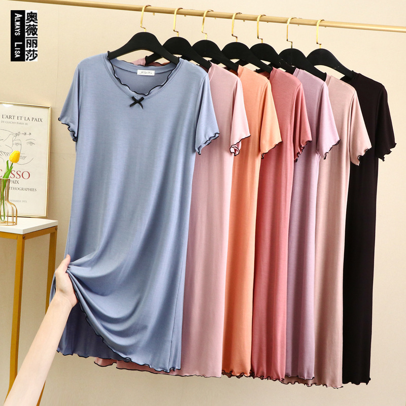 2022 new bow nightdress women's summer thin short sleeve modal cotton plus size loose flying edge dress 2022 new bow nightdress women's summer thin short sleeve modal cotton plus size loose flying edge dress