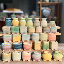 新款拇指盆控养育苗穴盆陶瓷清新流釉糖果渐变色多肉花盆厂家包邮