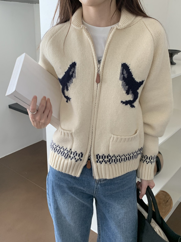 秋冬装韩版慵懒气质重工海豚提花图案翻领拉链毛衣针织开衫外套|undefined