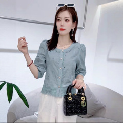 韩版时尚蕾丝边刺绣衬衫女秋季新款洋气外贸提花小衫遮肉中袖上衣