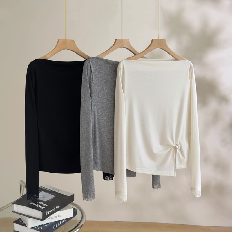 Endi Tencel Wool Off-Shoulder Base Layer Top for Women 2026 Spring Irregular Twist Elastic Long Sleeve T-Shirt Endi Tencel Wool Off-Shoulder Base Layer Top for Women 2026 Spring Irregular Twist Elastic Long Sleeve T-Shirt