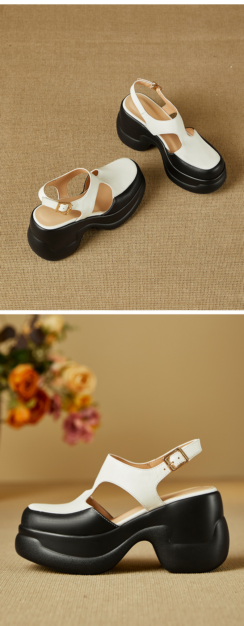 Sandal nữ da bò cao gót đế xuồng phong cách La Mã hở mũi — màu đen, màu trắng chi tiết 12